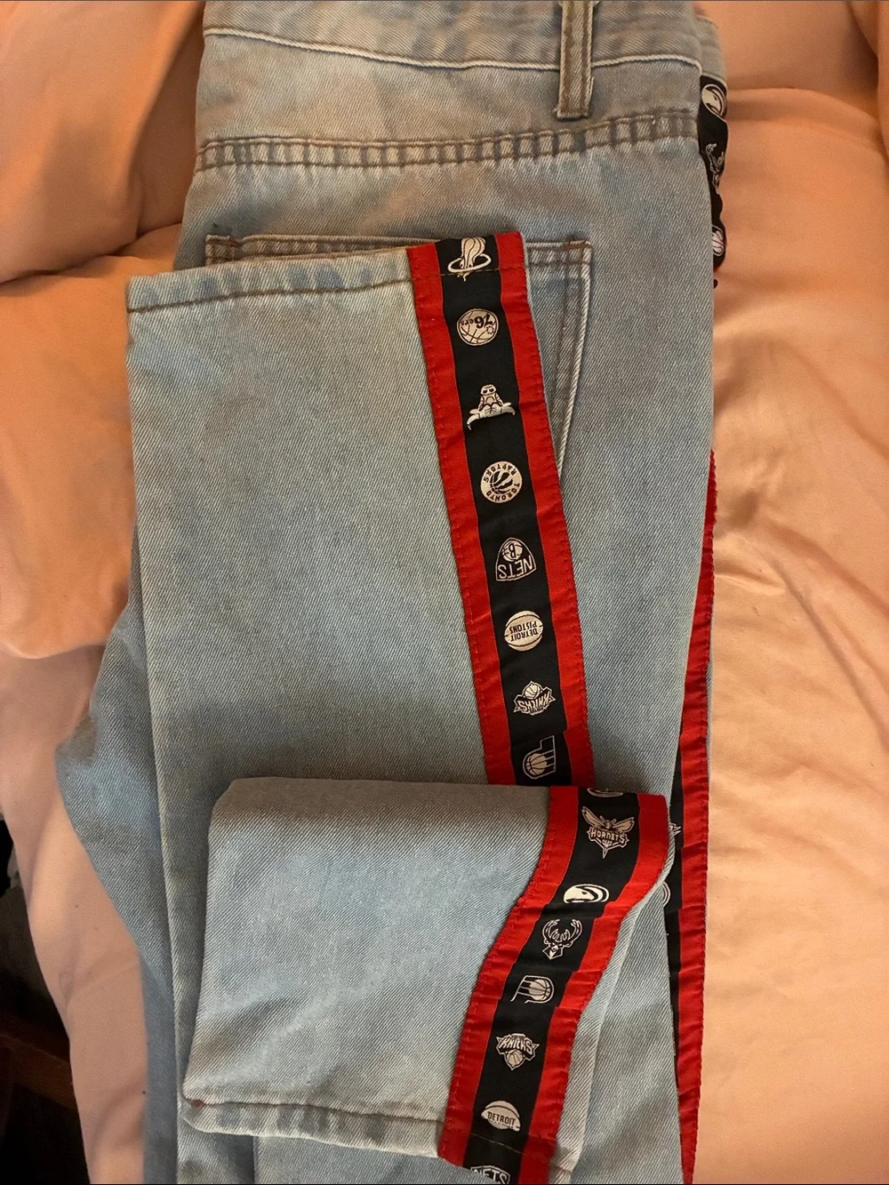 NBA Light Blue Straight Jeans with Red & Black Side Tape